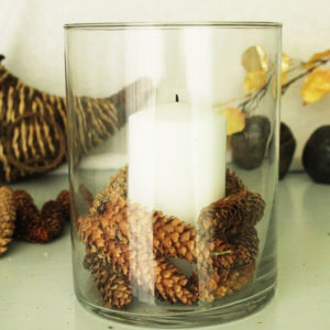 Candle and pinecones in glass vase