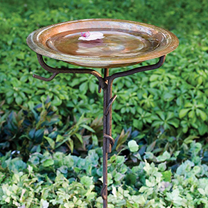 Solid Copper Bird Bath With Twig Metal Stake