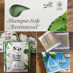 Shampoo bar, bamboo toilet paper, wooden cotton swaps and eco-friendly cleaning cloths